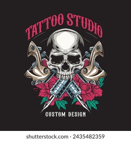 Vector Illustration of Skull, Roses and Tattoo Tools with Vintage Hand Drawing Style Available for Tshirt Design