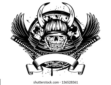 Vector illustration skull in samurai helmet with horns and wings
