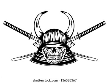Vector illustration skull in samurai helmet with horns and crossed samurai swords