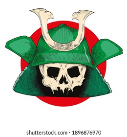 vector illustration of a skull with samurai helmet over the japan flag.