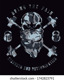 Ilustración vectorial del cráneo con bufanda en la cara y pesos para la construcción de cuerpos en el fondo con camuflaje militar.
