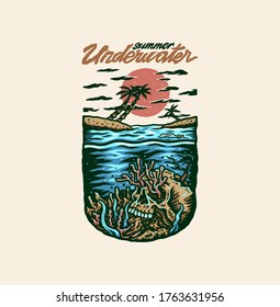 Vector illustration of skull in the sea, summer underwater, hand drawn line with digital color