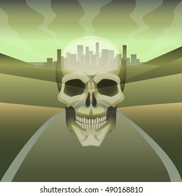 vector illustration skull silhouette on city background