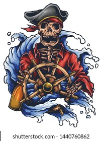 Vector illustration of skull skipper sailor and sea wave