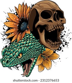 vector illustration of skull with snake and flower