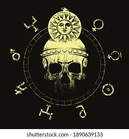 vector illustration of a skull with a solar helmet surrounded by symbols of planets. Design for t-shirts or posters.