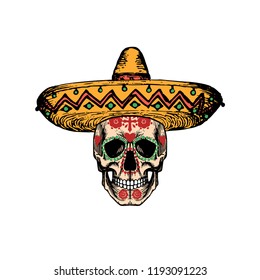 Vector illustration of skull in sombrero for Dia De Los Muertos. Day of the Dead background. Design concept for party invitation, greeting card.
