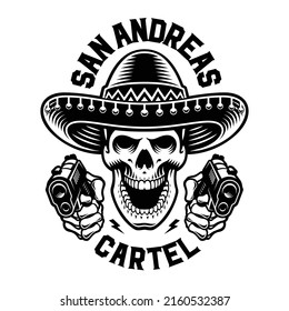 vector illustration of a skull in sombrero hat with guns, t-shirt design