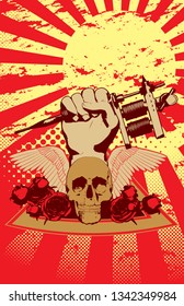 A vector illustration of a skull,  some roses,  and a hand holding a tattoo  gun in powerful  victory stance. Five warm colors in a grungy half-tone,  classic comic style 11x17 aspect ratio.