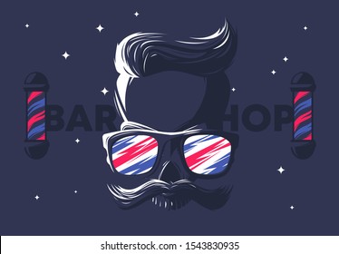 Vector illustration of a skull with a stylish hairstyle and mustache, sunglasses, barbershop,Barber’s Pole