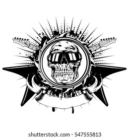 Vector illustration skull with sunglasses in abstract frame and crossed guitars on grunge background. Design hard rock sign for t-shirt or poster print