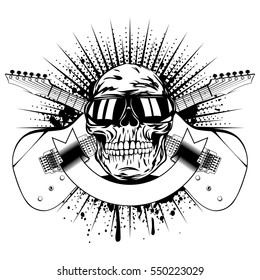 Vector illustration skull with sunglasses and crossed guitars on grunge background. Design rock and roll sign for t-shirt or poster print