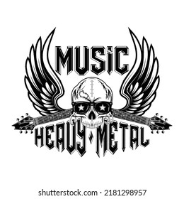 Vector illustration of a skull in sunglasses, guitar neck and wings. Design for t shirt or poster print. Hand drawn for heavy metal logo and emblem. Black tattoo.