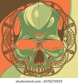 vector illustration of skull with sunglasses and mandala on background