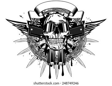 Vector illustration skull in sunglasses and two pistols