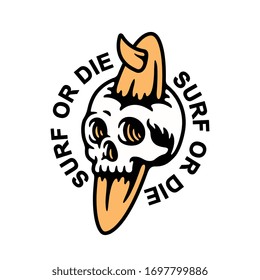 Vector illustration of a skull with a surfboard. For t-shirts, stickers and other similar products.