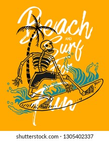 Vector illustration of skull surfing on the ocean with palm tropical beach background