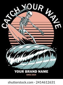 Vector illustration skull surfing on big waves