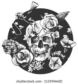 Vector illustration of a skull surrounded and covered with plants and flowers on black round background. Vintage engraving style