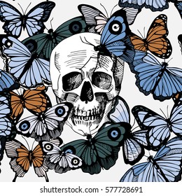 Vector illustration of skull surrounded and covered with multiple butterflies. Vintage old-fashioned engraving style