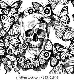 Vector illustration of skull surrounded and covered with multiple butterflies. Vintage old-fashioned engraving style, black and white, good for silk screen printing version.