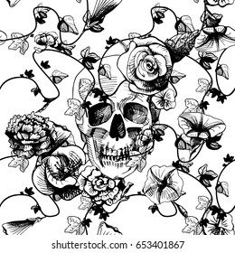 Vector illustration of a skull surrounded and covered with plants and flowers on white background. Black and white engraving style, good for silk screen printing.