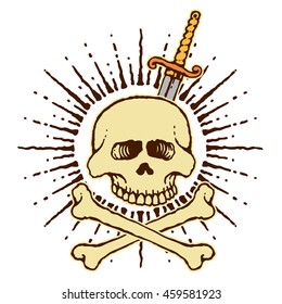 vector illustration of skull and sword with sun