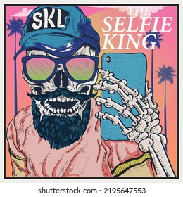 Vector illustration of a skull, taking selfie, on a sunny weather in a palm beach.