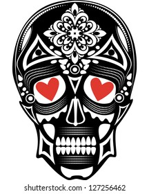 Vector illustration of a skull tattoo with red hearts in its eyes