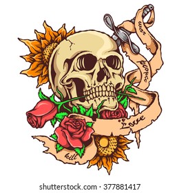 Vector Illustration Of Skull Tattoo With Rose And Banner