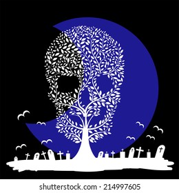 Vector  illustration of  Skull, tree, moon, graves