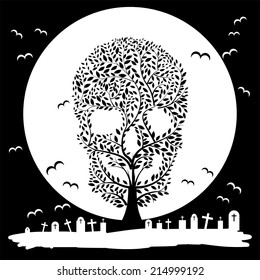 Vector  illustration of  Skull, tree, moon, graves