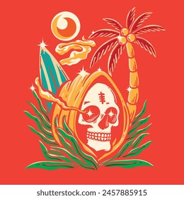 Vector illustration of skull with tropical plants and surf board on the beach. summer season concept. Hand drawn style
