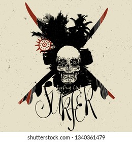 Vector Illustration Skull Tropical T-shirt Graphic Summer Fashion Design with California Surfer Typography