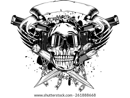 Vector illustration skull two pistols and crossed knifes 