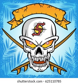 vector illustration of skull with two surfboards and ribbon on palm tree leaves background