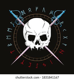 Vector illustration of a skull with two swords on a circle with runic alphabet. Pirate symbol for t-shirts and posters.