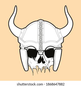 Vector illustration of a skull with viking helmet on orange background. Design to accompany epic texts