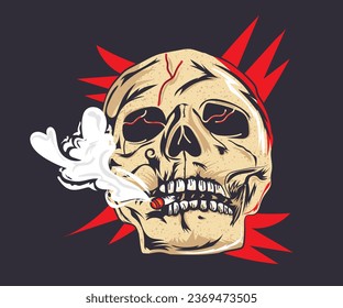 Ilustración vectorial del cráneo, calavera asesina vintage fumando cigarro