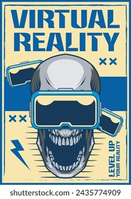 Vector Illustration of Skull and VR Glasses with Vintage Hand Drawing Style Available for Poster