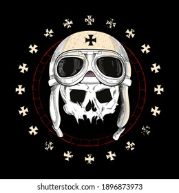 Vector illustration of a skull wearing an airplane pilot hat. Design for t-shirts or posters.