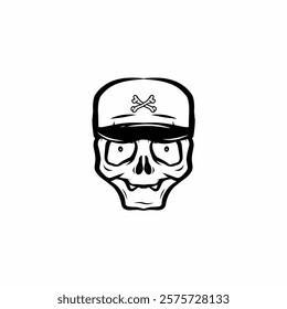 vector illustration of a skull wearing a cap with a crossbones design. Perfect for tattoo art, apparel, or graphic design