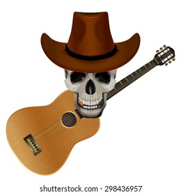 vector illustration Skull wearing a cowboy hat on a background of acoustic guitar, isolated object