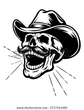 Vector Illustration of Skull Wearing Cowboy Hat and Mustache Laughing. Black and White Skull Laughing. Vector EPS 10