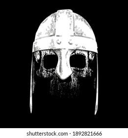 vector illustration of skull wearing greek war helmet isolated on black 