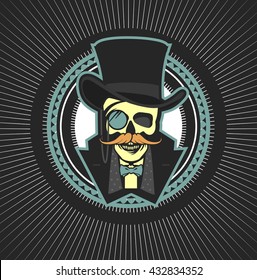 vector illustration of a skull wearing a hat cylinder gentleman vintage emblem
