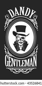 vector illustration of a skull wearing a hat cylinder gentleman in black and white vintage frame