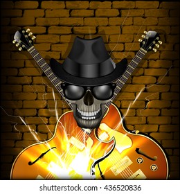 Vector illustration of a skull wearing a hat with a jazz guitar on the brick wall background. Blackout on the sides allow the use of any image on a black background.
