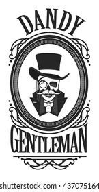 vector illustration of a skull wearing a hat cylinder gentleman in black and white vintage frame