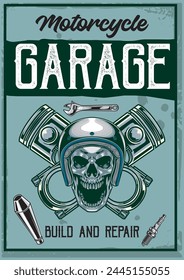  Vector Illustration of Skull Wearing Helmet, Two Pistons and Wrench with Vintage Illustration Available for Vintage Poster